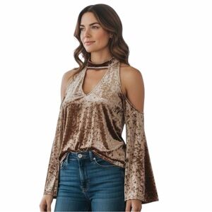 American Eagle Crushed Velvet Cold Shoulder Blouse Mauve Pink Size Medium